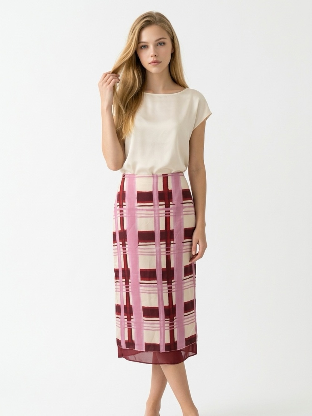 Zara Pink and Burgundy Plaid Midi Pencil Skirt XL Like New